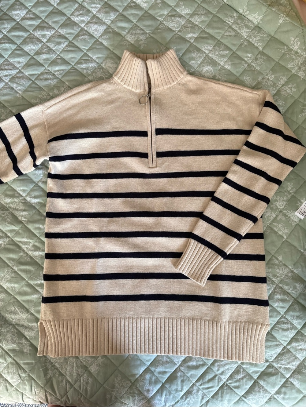 LOFT Cream and Navy Striped Half-Zip Sweater